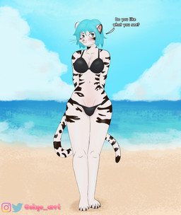 anthro asking asking_viewer bedroom_eyes big_breasts bikini black_stripes blue_hair blush bra breasts clothed clothing dialogue female fur hair half-closed_eyes narrowed_eyes question question_mark seductive smile solo stripes swimwear tail talking_to_viewer text two-piece_swimsuit underwear white_body white_fur skyearrt felid mammal pantherine tiger absurd_res digital_media_(artwork) hi_res