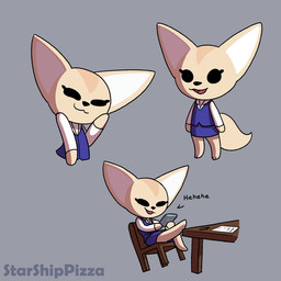 3_toes :3 anthro barefoot big_ears black_nose blue_bottomwear blue_clothing blue_skirt blue_topwear blue_vest bottomwear cellphone chair chibi clothing electronics feet female fluffy fluffy_tail fur furniture grey_background hand_on_cheek holding_cellphone holding_object holding_phone laugh leaning leaning_backward long_sleeves multicolored_body multicolored_fur narrowed_eyes open_mouth open_smile paper pen pencil_skirt phone red_tongue shirt simple_background sitting skirt smartphone smile smirk solo table tail tan_body tan_fur toes tongue topwear vest white_blouse white_clothing white_shirt white_topwear writing_utensil starshippizza aggretsuko sanrio fenneko canid canine fennec_fox fox mammal true_fox 1:1 multiple_images signature