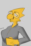 4_fingers anthro big_breasts blonde_eyebrows breasts bruh clipboard clothing eyebrows eyewear female fingers glasses grey_background holding_object open_mouth shirt simple_background solo tongue topwear yellow_body yellow_tongue neppyboi undertale_(series) alphys lizard reptile scalie hi_res