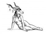 accessory adornments anthro arm_support biped ear_piercing female front_view furgonomics horn horn_accessory lying nipples nude on_side piercing reclining solo three-quarter_view ursula_vernon antelope bovid bovine kudu mammal spiral-horned_antelope digital_drawing_(artwork) digital_media_(artwork) full-length_portrait greyscale monochrome portrait