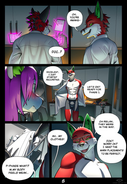 5_fingers abs anthro blue_body blue_eyes blue_fur blush bottomwear bound clothing comic_panel dialogue doctor doctor's_coat duo eyewear fingers footwear fur glasses green_eyes hair knee_highs knee_socks legwear male male/male mostly_nude muscular muscular_male pants pecs purple_hair recording red_body red_fur socks symbol text underwear waking_up codyblue-731 icarus_skyhawk victor_johansen canid canine canis domestic_dog fox mammal 2025 absurd_res comic english_text hi_res multiple_scenes