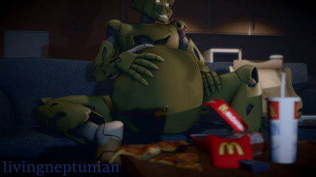 abdominal_bulge anthro belly big_belly food furniture hand_on_belly machine male male_pred navel pizza same_size_vore sitting sofa struggling struggling_prey vore yellow_body livingneptunian_(artist) five_nights_at_freddy's five_nights_at_freddy's_3 scottgames springtrap_(fnaf) animatronic lagomorph leporid mammal rabbit robot 16:9 3d_(artwork) digital_media_(artwork) widescreen