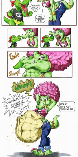 afro anthro belly big_belly black_clothing black_shirt black_topwear bottomwear clothing denim denim_bottomwear denim_clothing duo female female_pred green_body jeans male male_prey oral_vore overweight pants purple_clothing purple_shirt purple_topwear shirt simple_background speech_bubble text topwear vore white_background killboo donkey_kong_(series) nintendo kalypso kip_(donkey_kong) kremling scalie 2025 absurd_res comic english_text hi_res