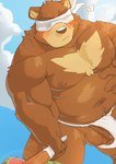 anthro asian_clothing balls blindfold blush brown_balls brown_body brown_fur brown_nipples brown_penis chest_markings clothed clothing cloud countershade_snout countershading covered_eyes east_asian_clothing food foreskin fruit fundoshi fundoshi_only fur genitals glans humanoid_genitalia humanoid_hands humanoid_penis japanese_clothing kemono male markings melon musclegut muscular muscular_anthro muscular_male nipples outside overweight overweight_anthro overweight_male pecs penis pink_glans plant snout solo tan_body tan_fur topless underwear underwear_only vein veiny_penis watermelon watermelon_crushing white_clothing white_fundoshi white_underwear happyhyena0 morenatsu juuichi_mikazuki bear black_bear mammal moon_bear ursine 2023 absurd_res hi_res