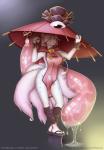 anthro big_breasts blue_eyes breasts clothed clothing duo female footwear fur huge_tongue long_tongue monster_girl_(genre) multi_tail sandals shoes simple_background smile tail tongue umbrella white_body white_fur dagmell reaper3d canid canine demon fox ghost karakasa_obake mammal spirit 2017 absurd_res digital_media_(artwork) hi_res