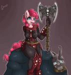 anthro anthrofied armor axe battle_axe bethesda_softworks blue_eyes boulder bracers crossover digital_media_(artwork) double_bitted_axe earth_pony equid equine female filigree friendship_is_magic gem glowing greaves hair hasbro headgear helmet horse leather leather_armor mammal mask melee_weapon microsoft my_little_pony pink_hair pinkie_pie_(mlp) poisindoodles pony rock signature skyrim solo studded_armor studs the_elder_scrolls weapon
