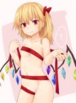 5_fingers accessory bangs blonde_hair blush bow_(feature) bow_ribbon breasts collarbone convenient_censorship crystal eyebrows eyelashes female fingers glistening glistening_body glistening_skin hair hair_accessory hair_between_eyes hair_bow hair_ribbon long_hair naked_ribbon navel not_furry nude pink_background question_mark red_bow red_eyes red_ribbon ribbons simple_background small_breasts solo standing wings miyo_(ranthath) touhou flandre_scarlet humanoid winged_humanoid hi_res portrait three-quarter_portrait