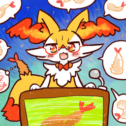 ambiguous_anthro ambiguous_gender anthro biped blush bow_tie cute_fangs dipstick_tail electronics eyewear fangs food front_view glasses markings microphone no_pupils object_in_tail open_:3 open_mouth shrimp_(food) simple_background snout solo sparkles speech_bubble tail tail_markings teeth thought_bubble annyui0611 nintendo pokemon braixen canid generation_6_pokemon mammal pokemon_(species) 1:1 2022 digital_drawing_(artwork) digital_media_(artwork) half-length_portrait hi_res japanese_description portrait translated_description