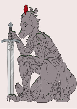 armor claws cracks cracks_in_body dragon_tail eyes_closed horn kneeling male melee_weapon moss plant rock sculpture simple_background solo statue sword sword_in_ground tan_background toe_claws weapon monochromejoker dungeons_and_dragons hasbro wizards_of_the_coast avian bird dragonborn_(dnd) humanoid scalie 2025 flat_colors