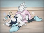 ageplay ahoge anthro baby_bottle beak bib big_diaper black_body black_feathers black_legs blue_eyes bodily_fluids booties clean_diaper clothed clothing crawling diaper drooling feathers female hair infantilism lying mitts no_shirt on_front on_ground partially_clothed regression roleplay saliva solo sound_effects sucking text wearing_diaper white_body white_feathers winged_arms wings yellow_body yellow_feather_hair yellow_feathers lazatthebass lazaret_(lazatthebass) avian bird gannet seabird sulid suliform 4:3 english_text