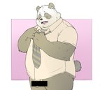 anthro balls black_body censor_bar clothing dressing eyes_closed genitals humanoid_hands ineffective_censorship kemono male necktie overweight overweight_male penis shirt simple_background solo topwear white_body inunoshippo bear giant_panda mammal 2022 censored