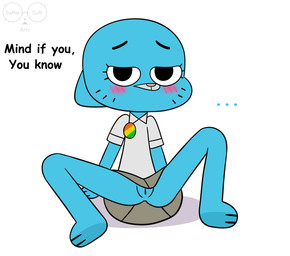 anthro blue_body blush bodily_fluids bottomless bottomless_anthro bottomless_female clothed clothing dialogue feet female front_view genital_fluids genitals looking_at_viewer mature_anthro mature_female no_underwear on_model simple_background sitting solo spread_legs spreading vulva white_background saffersoft cartoon_network the_amazing_world_of_gumball nicole_watterson domestic_cat felid feline felis mammal 2024 hi_res