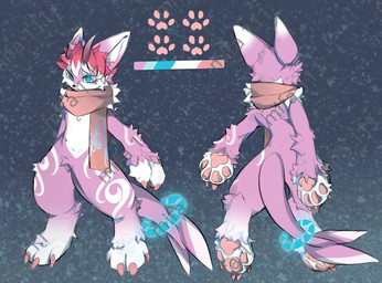 2_horns 4_fingers 4_toes abstract_background anthro blue_background blue_eyes claws color_swatch digitigrade feet fin fingers front_view fur fur_markings gloves_(marking) hair highlights_(coloring) horn leg_markings male markings pawpads pink_body pink_claws pink_fur pink_hair pink_horn pink_pawpads rear_view simple_background socks_(marking) solo standing tail tail_fin toes white_highlights white_markings unknown_artist hi_res model_sheet watermark