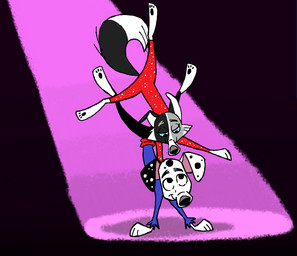 anthro black_body black_bottomwear black_clothing black_fur black_pants black_spots bottomwear clothing dancing duo female feral fur heterochromatic_ears male pants red_clothing red_suit spots suit white_body white_fur white_spots danukistudio 101_dalmatian_street 101_dalmatians disney dylan_(101_dalmatians) summer_(101_dalmatians) border_collie canid canine canis collie dalmatian domestic_dog herding_dog mammal pastoral_dog sheepdog