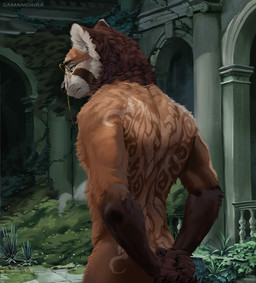 anthro back_tattoo brown_body brown_fur classical_architecture claws eyewear finger_claws fur glasses glasses_chain gloves_(marking) male markings neck_tuft nude nude_anthro nude_male plant purple_eyes rear_view solo tattoo text tuft wearing_glasses samandaira zyuina_(character) ailurid mammal red_panda 2024 artist_name digital_media_(artwork) half-length_portrait portrait