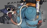 anthro belt big_breasts big_butt bottomwear breasts butt clothing denim denim_bottomwear denim_clothing duo ear_piercing emanata female fingerless_gloves gloves handwear holding_butt holster jeans looking_at_butt open_mouth pants piercing tongue tongue_out fuzzycreature epic_games fortnite zamn cate_meowdy meow_skulls calico_cat domestic_cat felid feline felis mammal hi_res meme