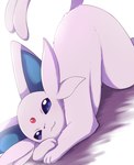 ambiguous_gender eye_reflection feral fur glistening glistening_eyes looking_at_viewer paws pointy_ears purple_body quadruped raised_tail reflection simple_background smile solo tail thick_thighs three-quarter_view rumine nintendo pokemon eeveelution espeon generation_2_pokemon pokemon_(species) hi_res