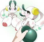 2017 areola big_breasts black_eyes blush breasts butt butt_grab chinchira_(pixiv13404505) dotted_background duo female floette generation_6_pokemon green_background green_body hand_on_butt heart_symbol huge_breasts human humanoid humanoid_hands mammal nintendo nipples pattern_background pokemon pokemon_(species) simple_background solo_focus white_background white_body