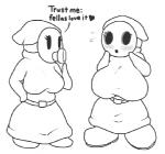 big_breasts breasts duo female heart_symbol huge_breasts mask simple_background text snugundies mario_bros nintendo humanoid shyguy snifit featureless_(disambiguation) english_text low_res monochrome