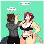 abs anthro big_breasts bikini breasts chest_tuft clothing dialogue duo female heart_symbol male male/female muscular muscular_female muscular_male swimwear text tuft two-piece_swimsuit jwinkz kaylee_(jwinkz) lanefurno felid feline mammal 1:1 english_text