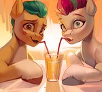 bendy_straw beverage blue_eyes drinking drinking_straw duo female feral hooves kiss_mark kiss_mark_on_cheek lips lipstick lipstick_on_cheek looking_at_viewer makeup male red_lips red_lipstick turquoise_hair annna_markarova hasbro mlp_g5 my_little_pony hitch_trailblazer_(mlp) zipp_storm_(mlp) earth_pony equid equine horse mammal pony hi_res