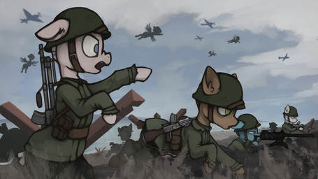 aircraft airplane armor beach clothed clothing detailed_background feral flying gesture group gun hand_gesture headgear helmet holding_object holding_weapon machine_gun male military_uniform open_mouth pointing ranged_weapon running seaside sky uniform vehicle war weapon wings world_war_2 marsminer equestria_at_war hasbro my_little_pony mythology earth_pony equid equine horse mammal mythological_creature mythological_equine pegasus pony 16:9 absurd_res hi_res widescreen