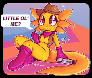 anthro black_border black_eyelids boots border breasts brown_clothing brown_hat brown_headwear brown_jacket brown_topwear clothed clothing cowboy cowboy_hat cropped_jacket cross-eyed desert dialogue external_gills eyelashes featureless_breasts female fingers footwear freckled_breasts freckled_face freckled_legs freckled_shoulders freckled_thighs freckles front_view gesture gills gloves halftone_shading hand_gesture handwear hat headgear headwear jacket kerchief medium_breasts neckerchief neckwear non-mammal_breasts open_clothing open_jacket open_mouth open_smile open_topwear outline outside pink_boots pink_clothing pink_eyes pink_footwear pink_gloves pink_handwear pink_kerchief pink_neckerchief pink_tongue pointing pointing_at_self pupils reclining sand shoes sitting skimpy smile solo speech_bubble tail text thick_thighs three-quarter_view tongue topwear white_outline lizardfungus amphibian axolotl marine mole_salamander salamander 2025 english_text full-length_portrait halftone portrait