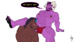 anthro back_muscles beard belly big_belly blue_hair_tips blush body_hair bovid_horn bulge bulge_sniffing caprine_horn chest_hair claws dialogue duo facial_hair fur horn male male/male muscular muscular_male nipple_piercing nipples overweight overweight_male pawpads piercing purple_body purple_fur raised_leg ram_horn sitting sniffing speech_bubble text yellow_eyes yellow_sclera ragnar_faerhir warmageragnar itreyu warmage_ragnar_(character) bear bovid canid canine canis caprine demon hybrid mammal sheep wolf 16:9 english_text widescreen