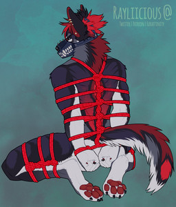 anthro arms_tied bdsm black_body black_fur black_hair black_nose blue_eyes bondage bound dark_body dark_fur digitigrade frogtied fur grey_body grey_fur hair hands_behind_back kneeling legs_tied looking_at_viewer looking_back male muzzle_(object) muzzled nude pawpads purple_body purple_fur rear_view red_body red_fur red_hair red_pawpads red_rope restraints rope rope_bondage rope_harness simple_background solo tail text rayliicious dakota_(rayliicious) canid canine canis domestic_dog mammal artist_name hi_res