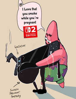 ambiguous_gender anthro bad_parenting belly big_belly black_body bodily_fluids bottomwear cigarette clothed clothing controller dialogue duo footwear game_controller half-closed_eyes hug humor interspecies joycon_controller lactating logo male narrowed_eyes navel nightmare_fuel nintendo_controller open_mouth partially_clothed partially_clothed_anthro partially_clothed_male pink_body pregnant romantic romantic_couple seductive shadow shoes shorts simple_background smile smoking smoking_cigarette smoking_while_pregnant speech_bubble standing text topless topless_anthro topless_male what what_has_science_done where_is_your_god_now yellow_body nellies_nest nickelodeon nintendo nintendo_switch nintendo_switch_2 spongebob_squarepants patrick_star animate_inanimate asterozoan echinoderm marine starfish 2025 absurd_res digital_drawing_(artwork) digital_media_(artwork) english_text hi_res
