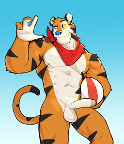 4_fingers anthro balls big_penis black_body black_fur blue_nose fingers front_view fur genitals glans gradient_background half-erect humanoid_genitalia humanoid_penis kerchief looking_away male mascot muscular muscular_anthro muscular_male neckerchief neckwear nude_anthro nude_male orange_body orange_fur penis red_kerchief red_neckerchief simple_background solo striped_body striped_fur stripes white_body white_fur yellow_sclera jrjresq frosted_flakes kellogg's tony_the_tiger felid mammal pantherine tiger 2023 hi_res