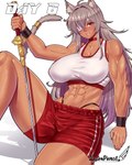 abs biceps bottomwear bra breasts clothing deltoids eye_patch eyewear female grey_hair hair melee_weapon muscular muscular_female shorts solo sports_bra sword tan_body tan_skin underwear weapon pashapencil mushoku_tensei ghislaine_dedoldia animal_humanoid cat_humanoid felid felid_humanoid feline feline_humanoid humanoid mammal mammal_humanoid 2023 hi_res