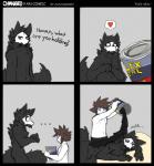 anthro biped black_body black_fur blue_eyes duo fluffy fluffy_tail fur heart_symbol humor latex male male_anthro mask tail text ausjamcian changed_(video_game) flex_seal loss lin_(changed) puro_(changed) canid canine canis goo_creature human mammal monster wolf 2018 comic digital_media_(artwork) english_text hi_res meme