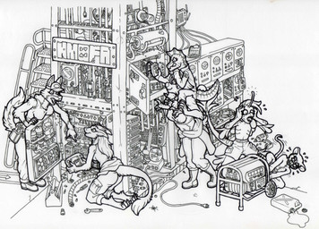 anthro boots breasts clipboard clothing detailed_background electronics female flat_chested focused footwear gas_canister generator group hat headgear headwear machine nipple_outline repair shocked shoes toolbox tools wrench spacewhaleworship 4chan kyuu_(scarydrpepper) lyka_(mrfanman42) morgan_mco'nielson amphibian bear canid canine canis lizard mammal mouse murid murine newt red_wolf reptile rodent salamander scalie sergal wolf black_and_white hi_res monochrome traditional_media_(artwork)