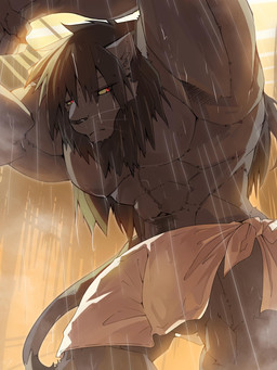 abs anthro balls biceps black_body black_fur black_hair black_nose body_hair bottomwear bulge clothed clothing fur genitals hair happy_trail loincloth loincloth_only male muscular muscular_anthro muscular_male navel nipples outside pecs quads raining red_eyes standing stocky tail tied_knot topless triceps tuft wet wet_clothing wet_hair white_clothing yellow_sclera shimaichi felid lion mammal pantherine 2026 3:4 colored digital_drawing_(artwork) digital_media_(artwork) hi_res shaded