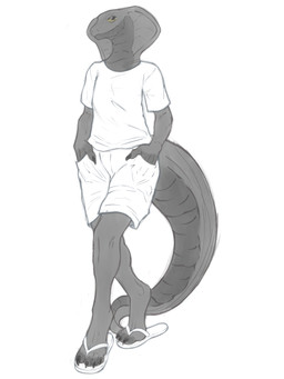 4_toes anthro bottomwear claws clothing feet flip_flops footwear full_body_view hands_in_both_pockets humanoid_feet male muscular muscular_anthro muscular_legs organs paws plantigrade sandals scales shirt shoes shorts solo stomach t-shirt tail tall_tail toes topwear walking white_bottomwear white_clothing white_shirt white_shorts white_t-shirt white_topwear morsitapou cobra reptile scalie snake 3:4 absurd_res digital_media_(artwork) hi_res sketch