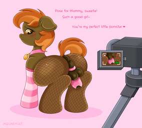 chastity_cage chastity_device clothing feminine feral fishnet_clothing forced genitals making_porn male offscreen_character penis pornography simple_background solo stripes text aquaeagle friendship_is_magic hasbro my_little_pony button_mash_(mlp) earth_pony equid equine horse mammal pony english_text hi_res incest_(lore) mother_(lore) mother_and_child_(lore) parent_(lore) parent_and_child_(lore) trans_(lore) trans_woman_(lore)