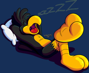 2_toes anthro beak big_feet big_tongue feet male open_beak open_mouth paws pillow red_tongue sleeping soles solo tail toes tongue toony uvula wide_tongue marquis2007 zak_(marquis2007) avian bird corvid corvus_(genus) crow oscine passerine absurd_res alpha_channel hi_res