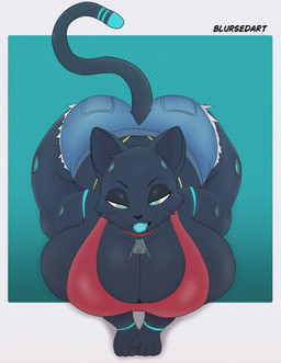 anthro anthrofied ass_up bedroom_eyes big_breasts big_butt black_body blue_eyes blue_tongue bottomwear breasts butt clothed clothed_anthro clothed_female clothing collar denim denim_bottomwear denim_clothing denim_shorts female huge_breasts huge_butt huge_hips looking_at_viewer machine narrowed_eyes red_clothing red_collar red_topwear seductive shorts solo tail thick_thighs tongue topwear whiskers wide_hips blursedart hi-fi_rush microsoft tango_gameworks 808_(hi-fi_rush) domestic_cat felid feline felis mammal robot 2025 hi_res