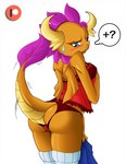 anthro bodily_fluids breasts butt clothing female lingerie orange_body panties question_mark solo sweat sweatdrop tail underwear wings boastudio friendship_is_magic hasbro my_little_pony mythology smolder_(mlp) dragon mythological_creature mythological_scalie scalie hi_res