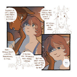 anthro blush brown_body brown_hair dialogue duo ears_down female female/female freckled_face freckles hair hand_on_face markings orange_hair pawpads pivoted_ears pointy_ears slightly_chubby slightly_chubby_female smile text saucypawpads pepper_(saucypawpads) whitney_(saucypawpads) calico_cat domestic_cat equid equine felid feline felis horse mammal 1:1 comic english_text