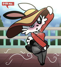 anthro big_butt black_body black_bottomwear black_clothing black_footwear black_fur black_lingerie black_shoes black_skirt blue_eyes blush bodily_fluids bottomwear butt cheek_tuft clothed clothing facial_tuft female footwear fully_clothed fur genitals hat headgear headwear lingerie looking_down open_mouth outside pink_inner_ear red_clothing red_hat red_headwear red_shirt red_sweater red_topwear shirt shoes skirt solo sun_hat sweat sweater thick_thighs topwear tuft upskirt vulva white_body white_clothing white_fur white_shirt white_topwear wind yellow_clothing yellow_hat yellow_headwear nami955 aggretsuko sanrio rei_(aggretsuko) lagomorph leporid mammal rabbit hi_res