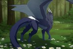 black_body black_fur blue_eyes claws female feral flower forest forest_background fur grass grey_body grey_fur grey_membrane horn looking_at_viewer membrane_(anatomy) membranous_wings nature nature_background pink_vulva plant quadruped solo tree vulva white_claws white_horn wings endermoonfur mythology dragon furred_dragon furred_scalie mythological_creature mythological_scalie scalie hi_res