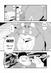 anthro canid canine clothing comic demon dialogue duo english_text greyscale hi_res human kira_nerisu male male/male mammal monochrome obese overweight raccoon_dog tanuki tecfront text translated underwear