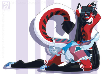 abstract_background anthro big_breasts black_body black_fur black_hair blue_eyes blue_pawpads breasts clothed clothing cybernetics female fur hair lingerie looking_at_viewer looking_back machine multicolored_body multicolored_fur pawpads red_body red_fur simple_background skimpy solo teddy_(clothing) white_body white_fur lapres ara_(fluff-kevlar) android cyborg domestic_cat felid feline felis mammal robot