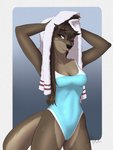 anthro breasts brown_body brown_eyes brown_fur cleavage clothed clothing female fur hair long_hair one-piece_swimsuit pose raised_arm smile solo sport_swimsuit swimwear towel fairdahlia nat_(mykegreywolf) mammal mustelid otter 2017 hi_res