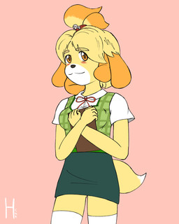 accessory anthro bell bottomwear breasts clothing female fur green_clothing green_topwear green_vest hair legwear necktie pencil_skirt red_necktie shirt skirt solo tail thigh_highs topwear vest white_clothing white_legwear white_shirt white_thigh_highs white_topwear yellow_body yellow_fur hven animal_crossing nintendo isabelle_(animal_crossing) canid canine mammal absurd_res hi_res