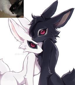 anthro black_body black_fur black_hair black_markings black_sclera breasts duo eyelashes featureless_breasts female fur hair looking_at_viewer markings medium_breasts nude pink_nose red_eyes short_hair simple_background snout tail tan_markings white_background white_body white_fur 3rdperson_iz lagomorph leporid mammal rabbit colored digital_drawing_(artwork) digital_media_(artwork) hi_res reference_image shaded