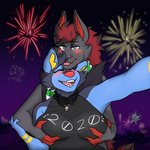 anthro bell bell_collar black_bow blue_body blue_eyes blue_fur blue_hair blush bow_(feature) bow_collar breast_grab breast_squish breasts celebration claws clothed clothing collar duo facial_markings female finger_claws fireworks frilly frilly_collar fur fur_markings hair hand_on_breast head_markings holidays hug larger_male looking_at_viewer male male/female markings multicolored_body multicolored_fur night nipple_outline number_on_body partially_clothed red_claws red_hair ribbons scarf selfie size_difference sleeveless_shirt smaller_female smile squish text tongue tongue_out puppeon new_year new_years_day new_years_eve nintendo pokemon pup_(puppeon) zirkoa generation_4_pokemon generation_5_pokemon luxio pokemon_(species) zoroark 1:1 2020 english_text hi_res