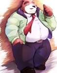 anthro black_nose bottomwear brown_body brown_fur clothing electronics facial_hair fur humanoid_hands kemono male mature_male mustache necktie overweight overweight_male pants phone shirt solo sweater topwear emufu bear mammal 2018